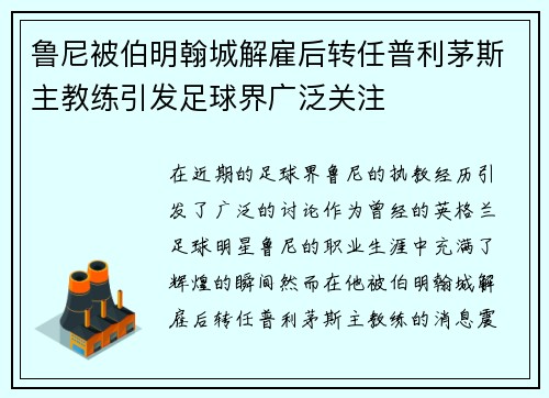 鲁尼被伯明翰城解雇后转任普利茅斯主教练引发足球界广泛关注 鲁尼被伯明翰城解雇后转任普利茅斯主教练引发足球界广泛关注